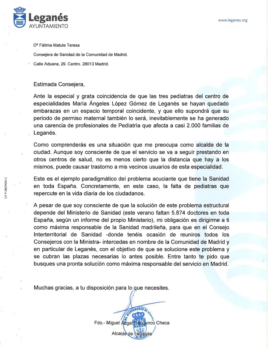 Carta alcalde Leganés a la consejera de sanidad de la CAM por la falta de pediatras