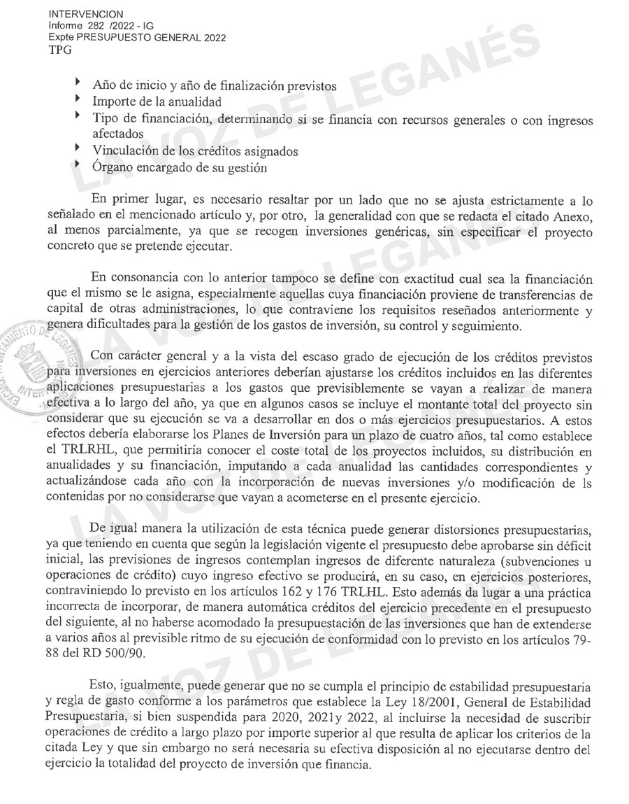 Extracto del Informe de Intervención del Presupuesto de 2022