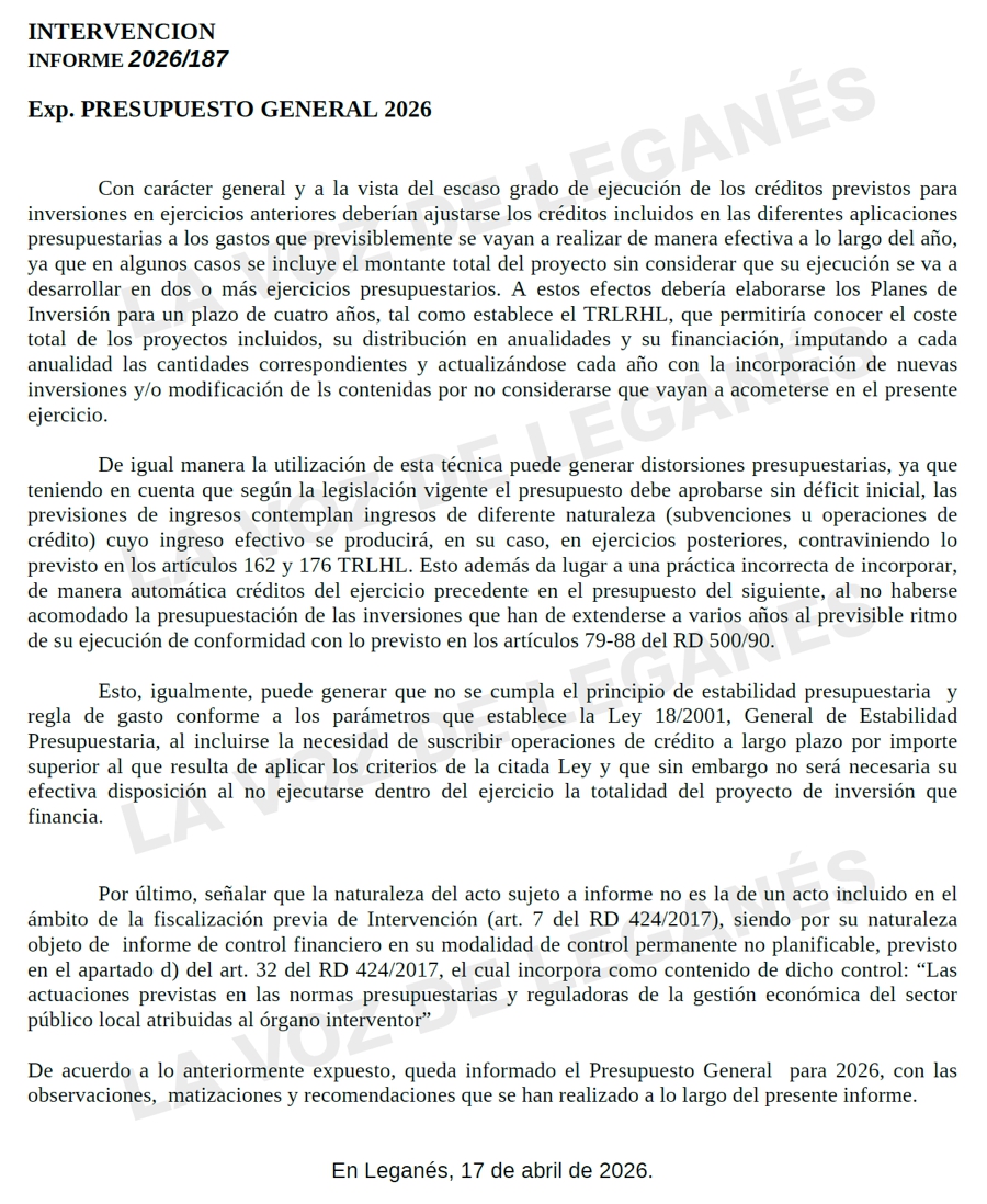 Extracto del Informe de Intervención del Presupuesto de 2026